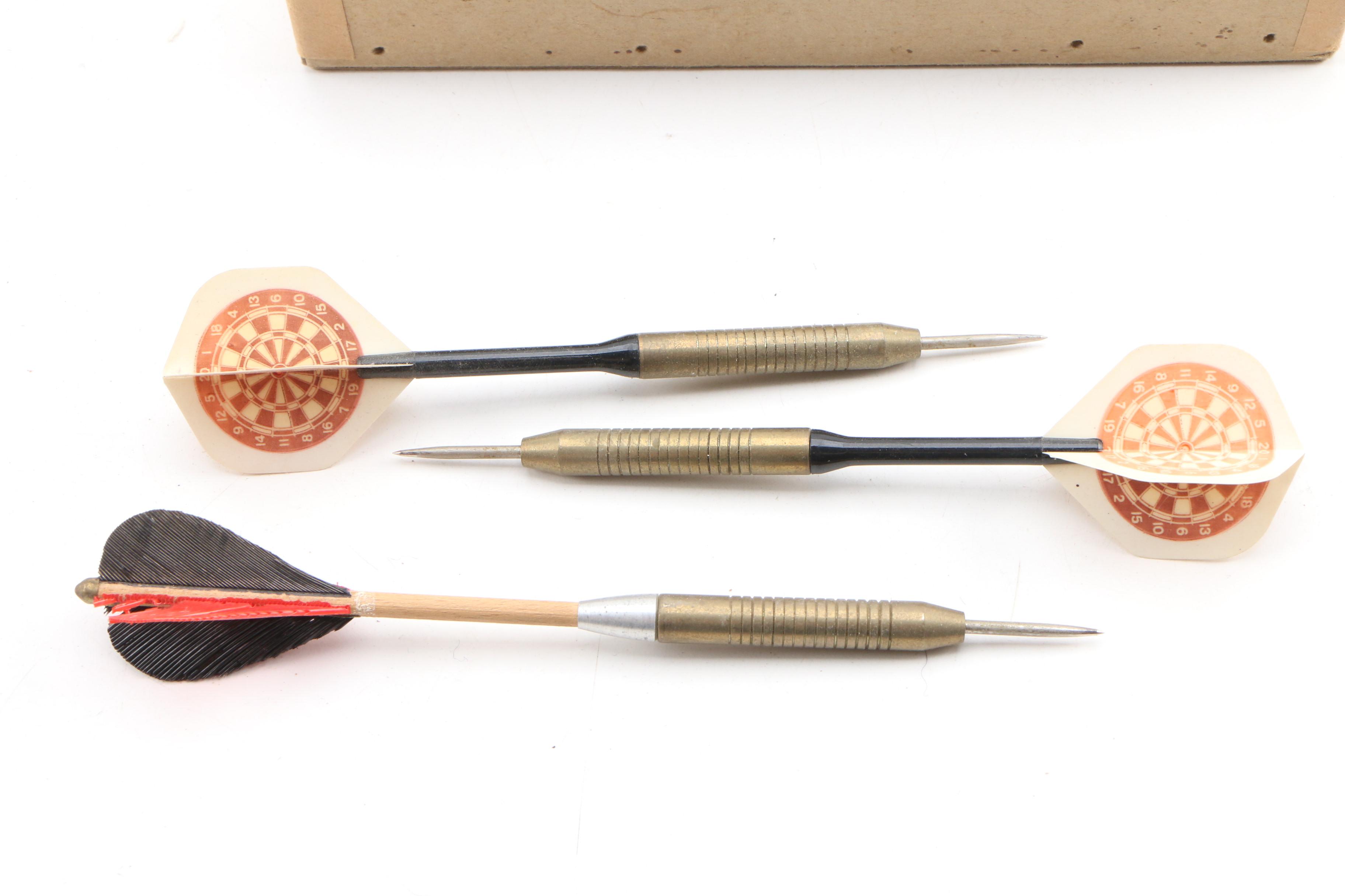 Feathered Wood and Metal Throwing Darts Housed in Wood Box, Mid-20th C.