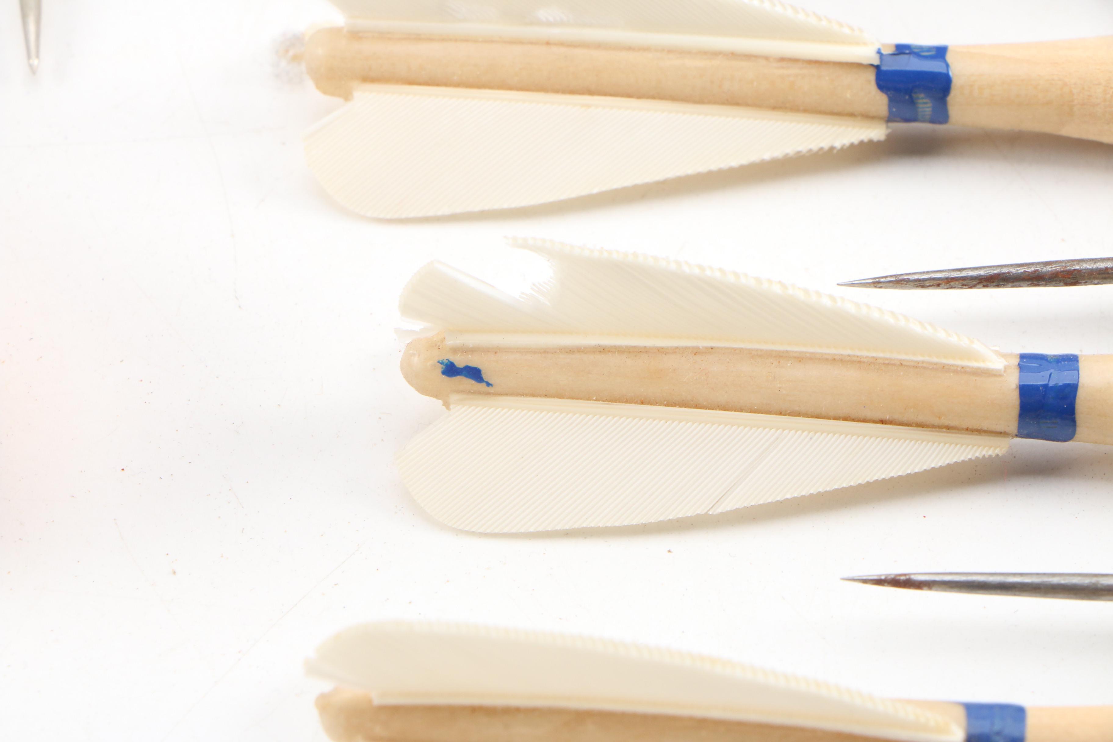 Feathered Wood and Metal Throwing Darts Housed in Wood Box, Mid-20th C.