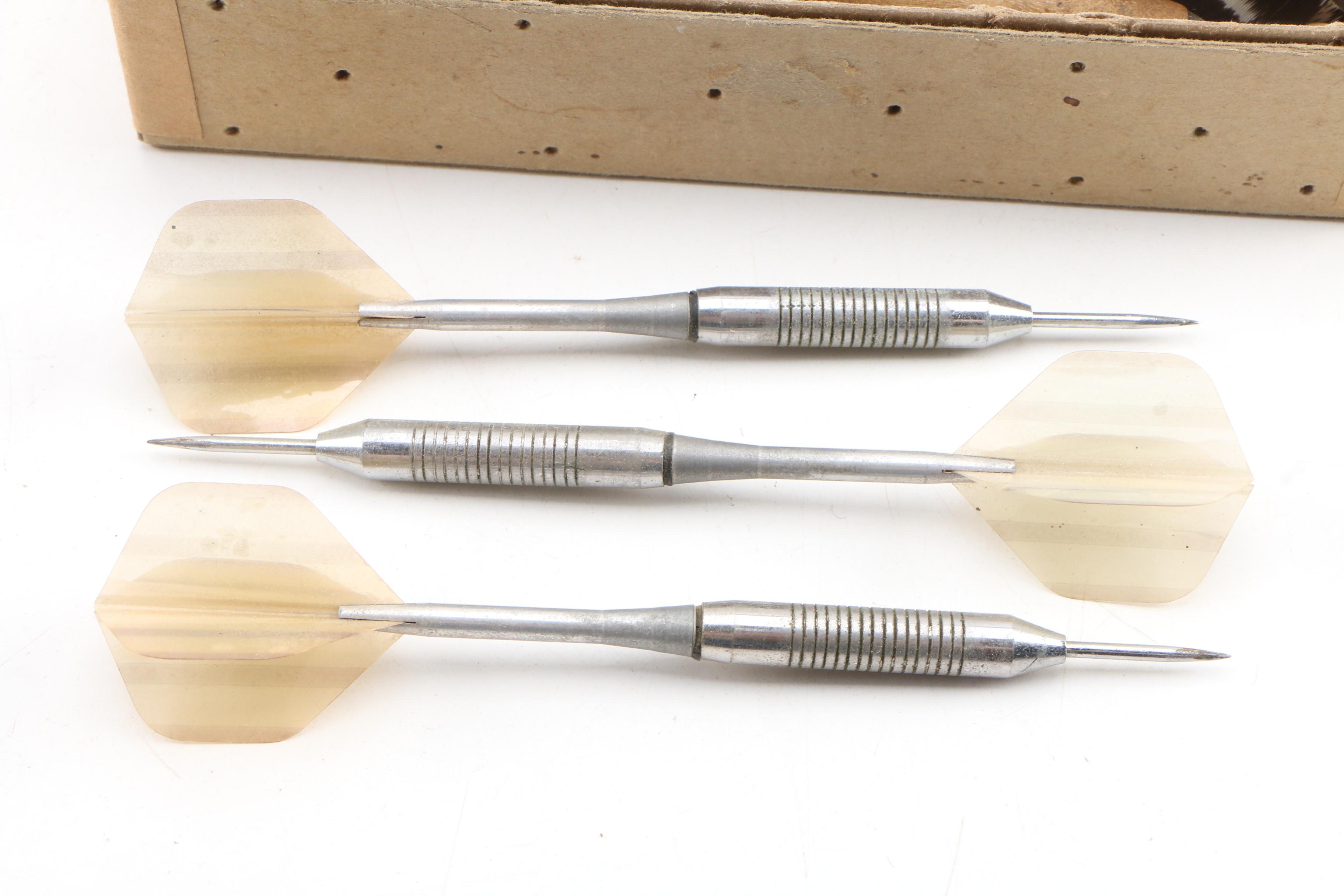 Feathered Wood and Metal Throwing Darts Housed in Wood Box, Mid-20th C.
