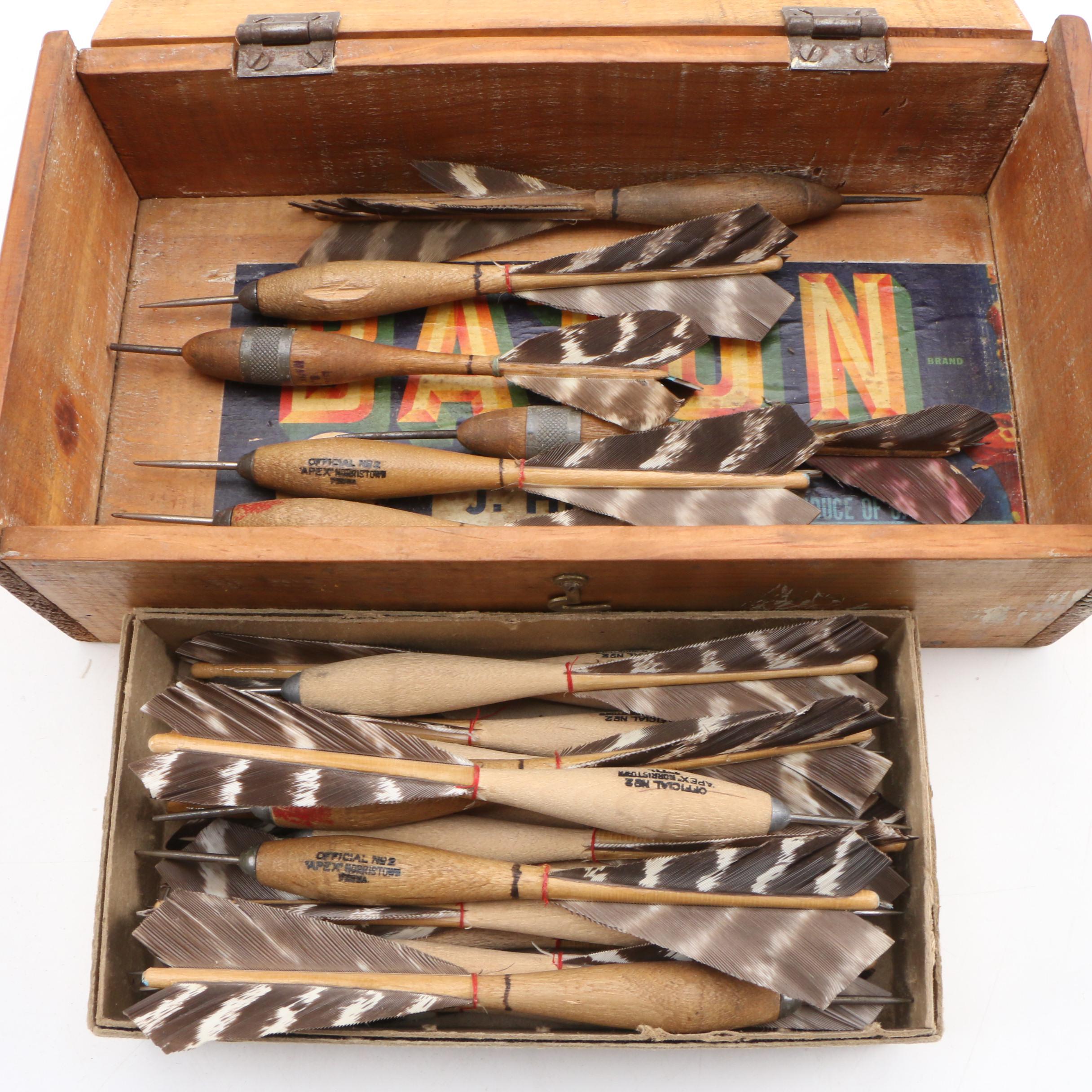 Feathered Wood and Metal Throwing Darts Housed in Wood Box, Mid-20th C.