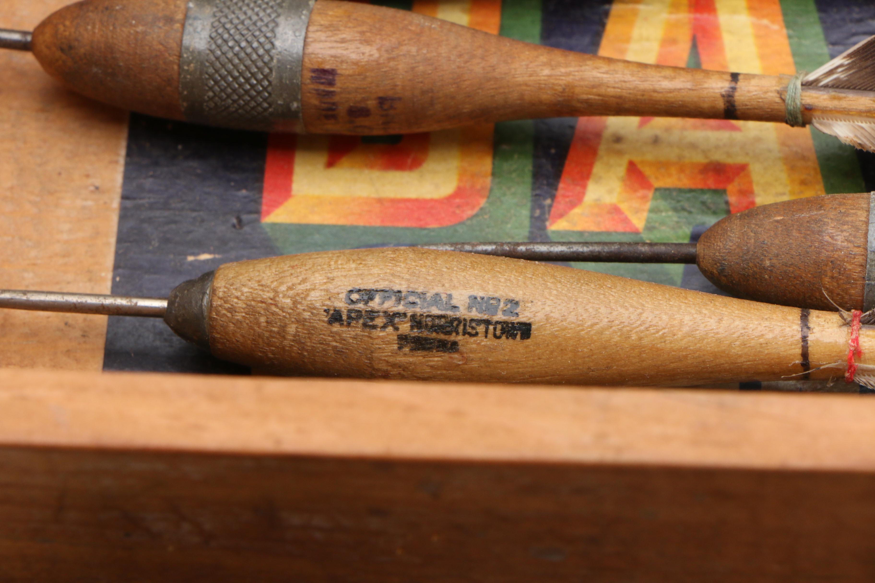Feathered Wood and Metal Throwing Darts Housed in Wood Box, Mid-20th C.