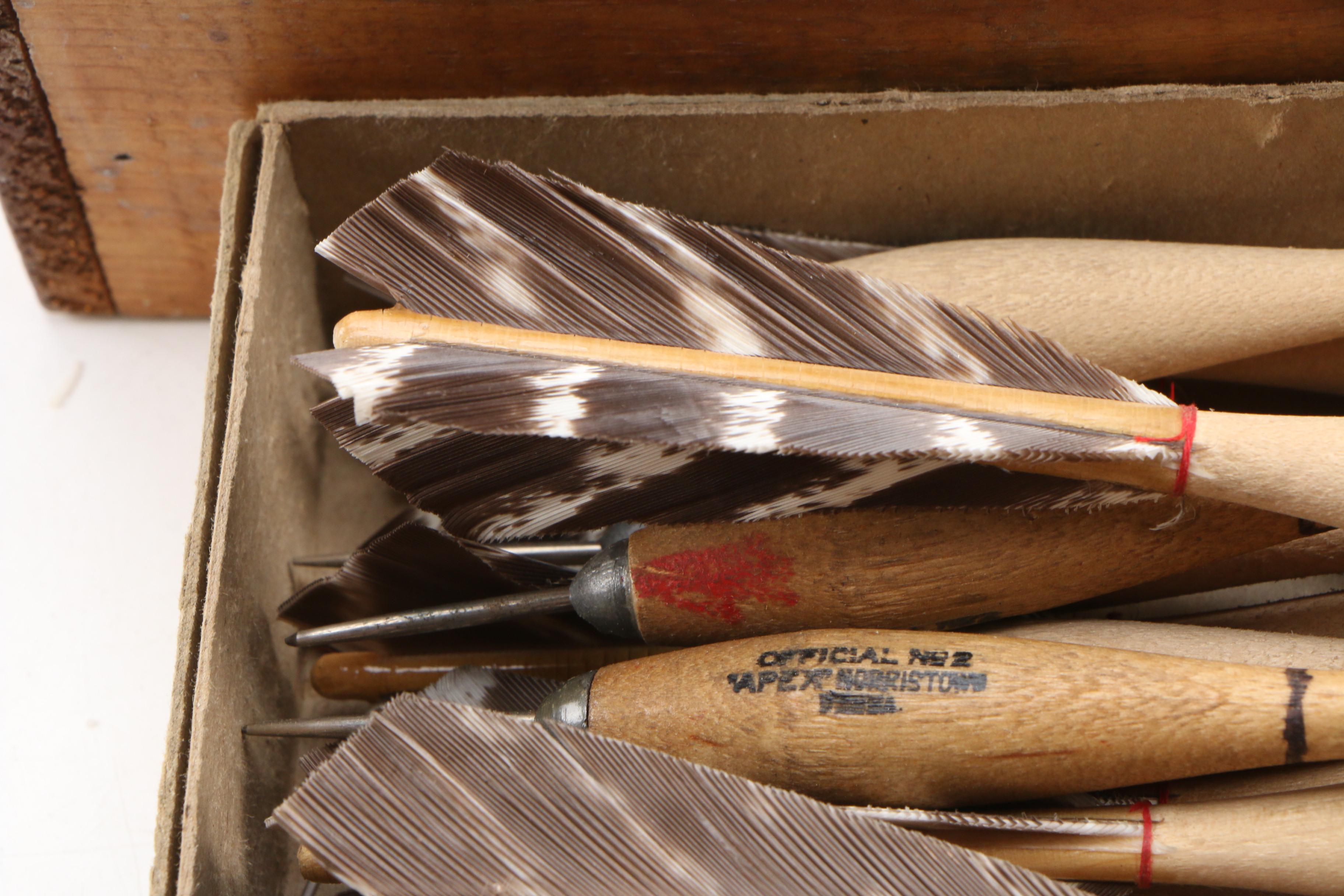 Feathered Wood and Metal Throwing Darts Housed in Wood Box, Mid-20th C.