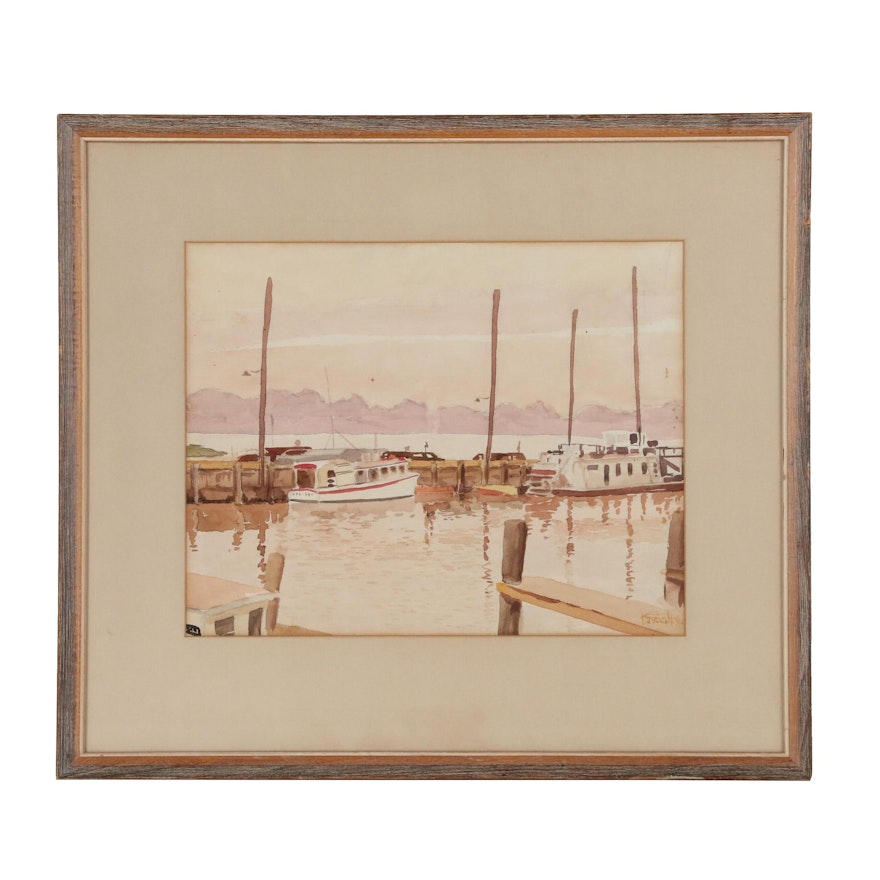 Maritime Watercolor Painting of Harbor Scene, Mid 20th Century