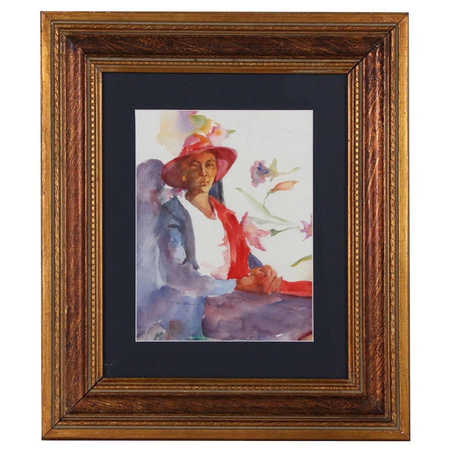 Margaret Carter Hindle Watercolor Painting "Lady in Red Scarf"