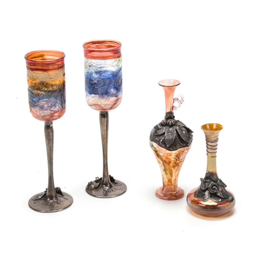 Domar Israeli Art Nouveau Style Art Glass and Sterling Vases