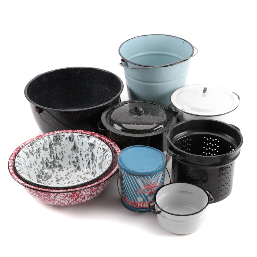 Assorted Kitchen Cookware, Granite Bowls, with Victory Brand Lard Can