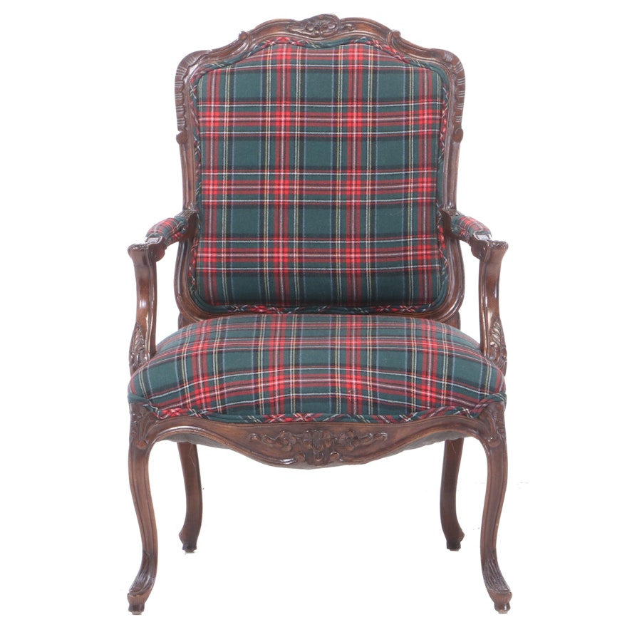 Louis XV Style Carved and Stained Beech Fauteuil in Plaid Upholstery