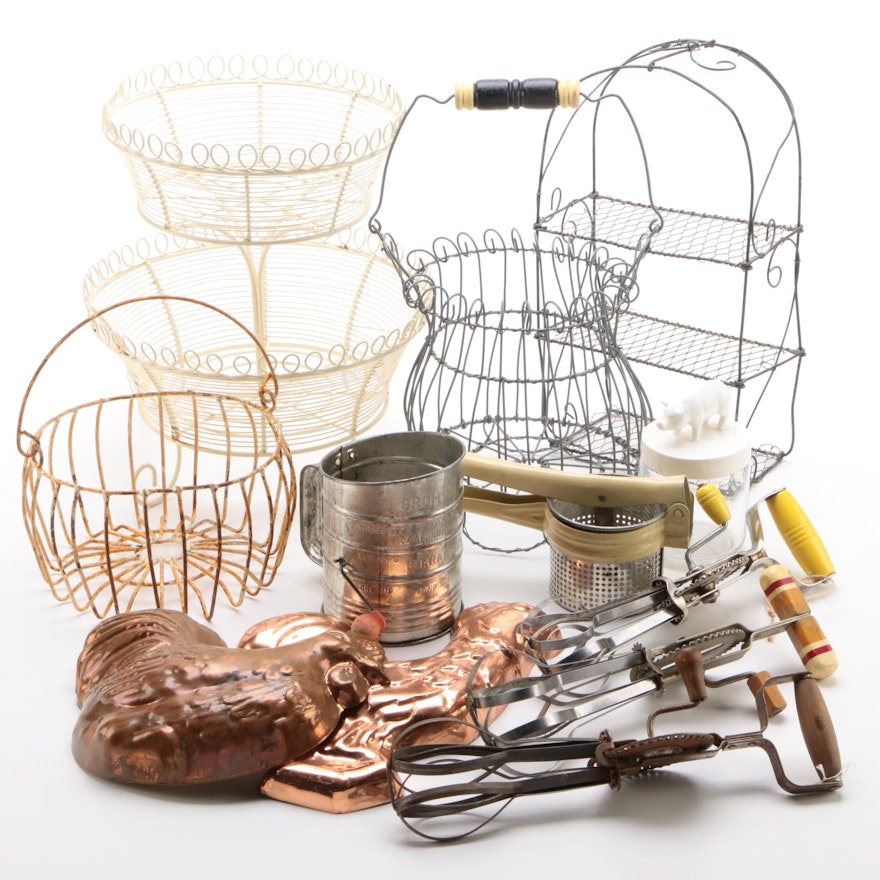 Kitchen Decor Including Egg Beaters, Flour Sifter, and Baskets, Mid-20th Century