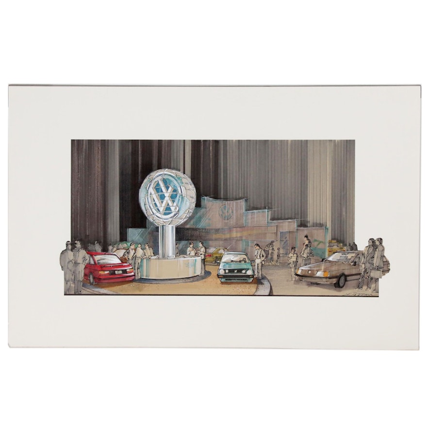 C.F Peterson Mixed Media Drawing of a Volkswagen Showroom