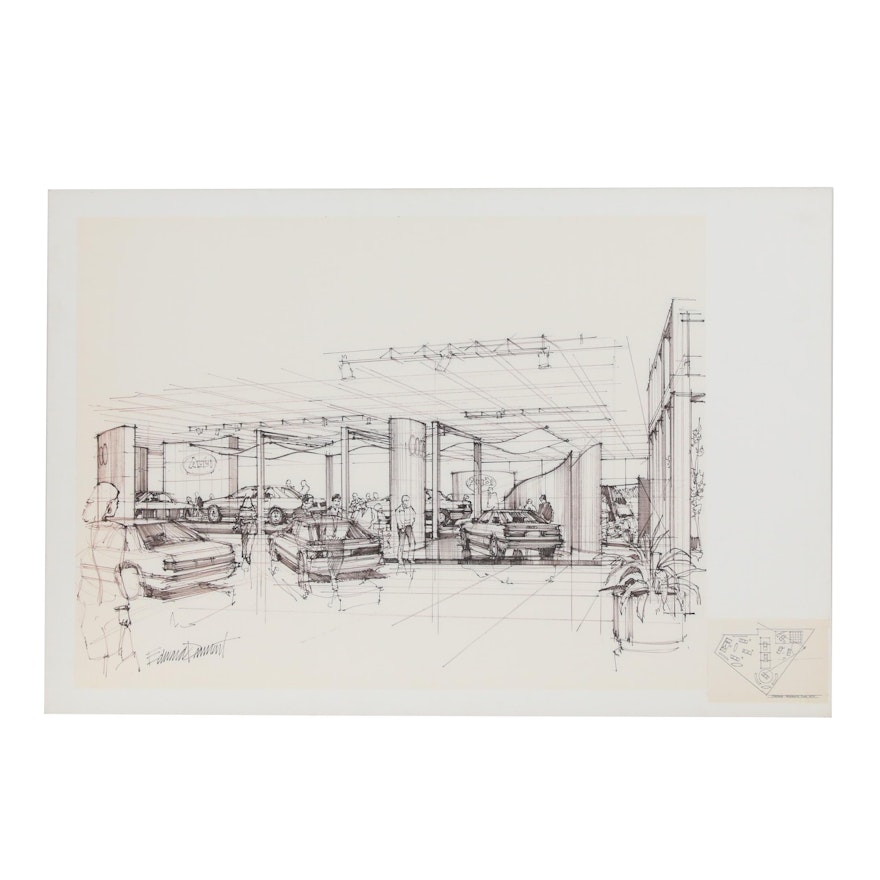 Edward Dumont Ink Drawing of an Audi Dealership