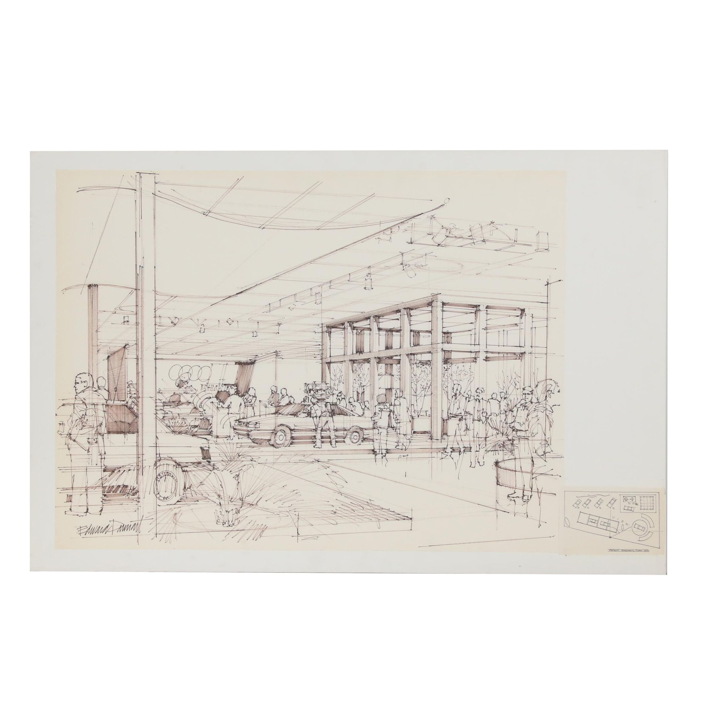 Edward Dumont Ink Drawing of an Audi Dealership