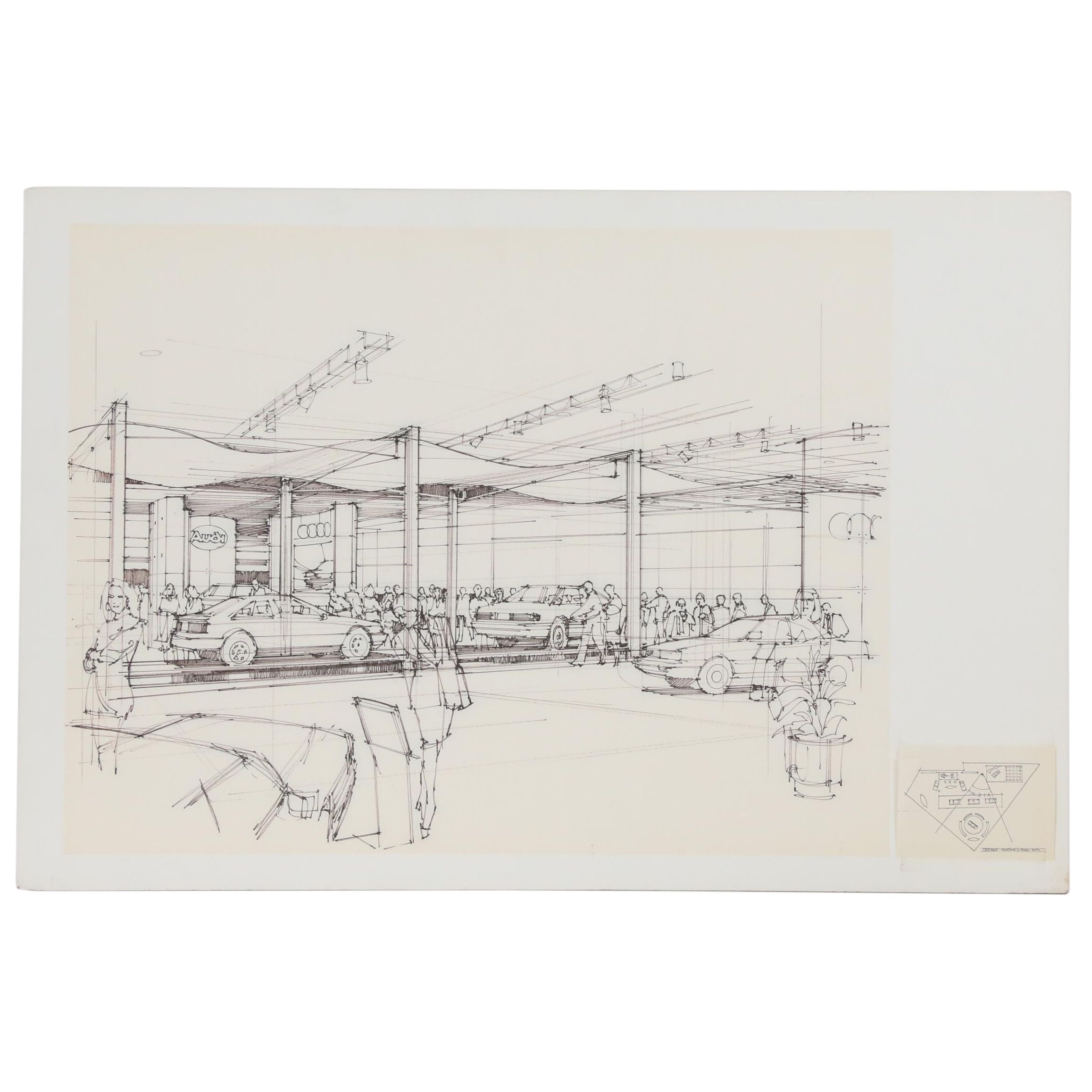 Edward Dumont Ink Drawing of Audi Dealership