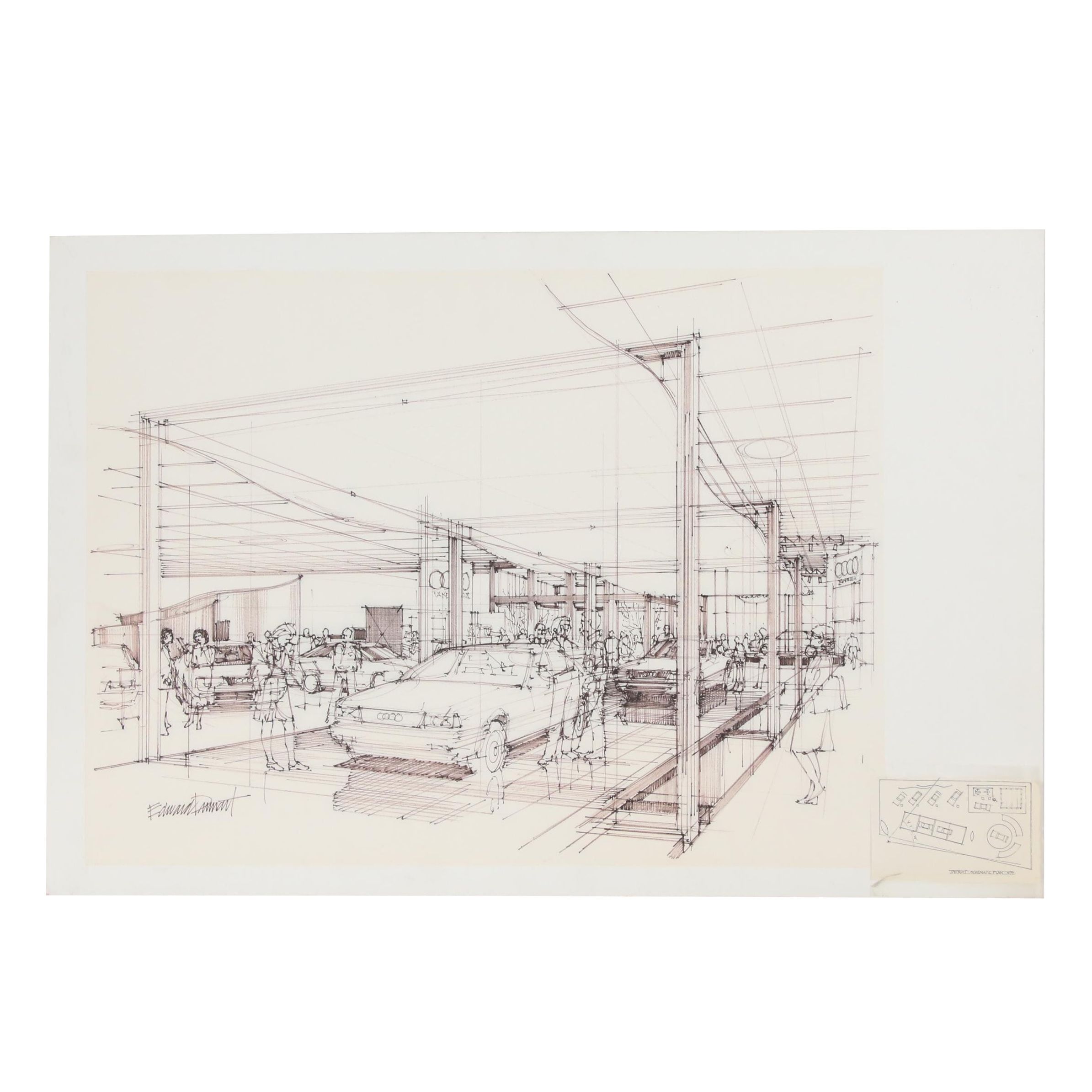Edward Dumont Ink Drawing of an Audi Dealership