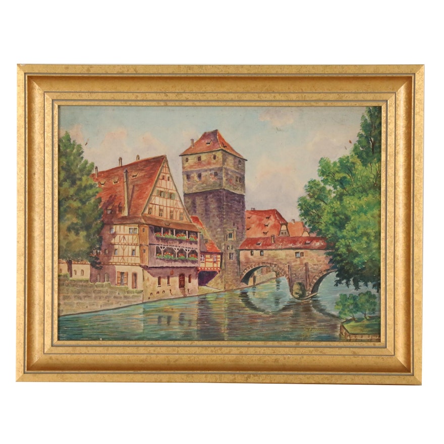 European Cityscape Watercolor Painting, Early to Mid 20th Century
