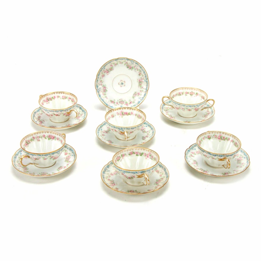 Haviland and Co. Floral Motif Porcelain Cream Soup Bowls and Saucers, 1894–1931