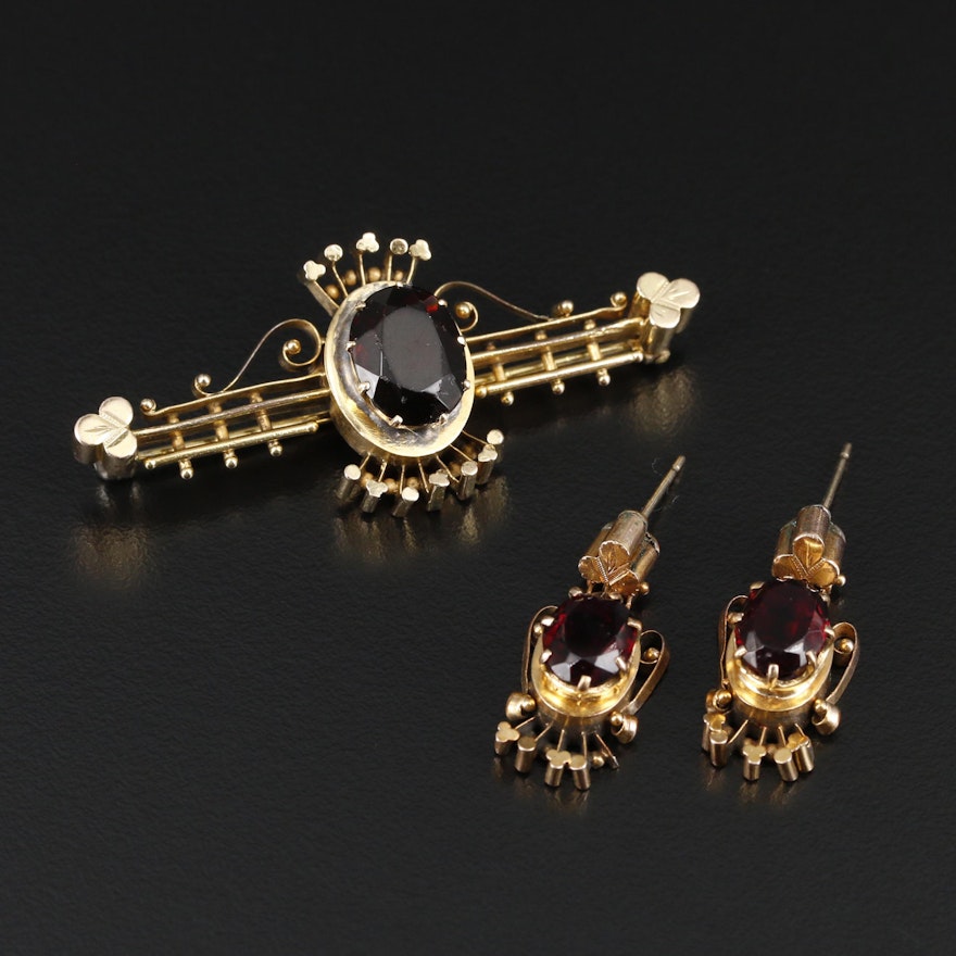 Mid-Victorian Red Glass Dangle Earrings and Bar Brooch