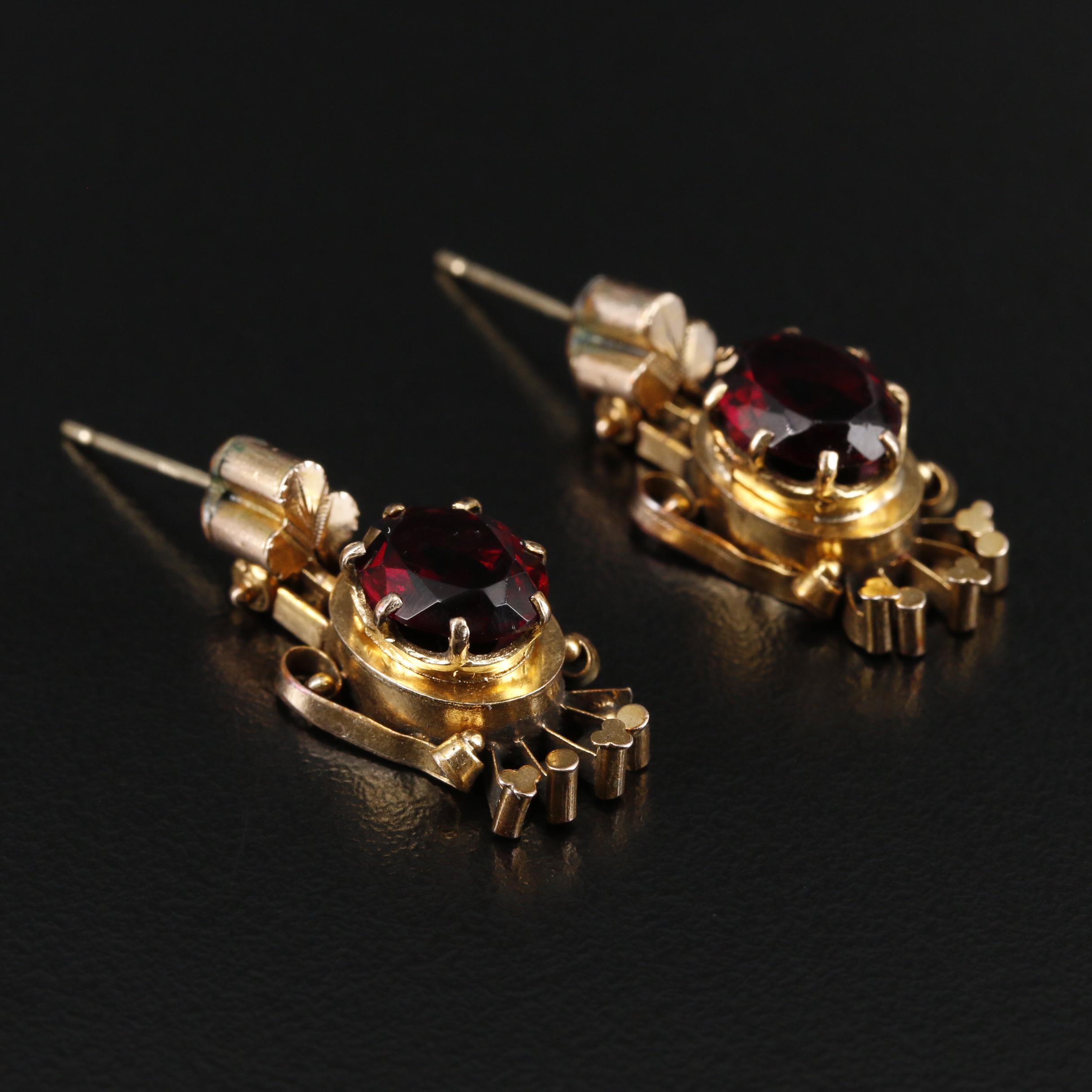 Mid-Victorian Red Glass Dangle Earrings and Bar Brooch