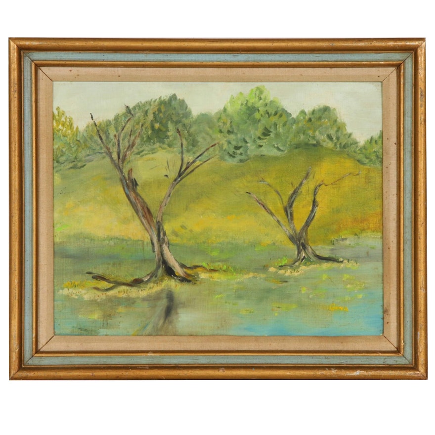 R. A. Hawley Pond Landscape Oil Painting, Mid to Late 20th Century