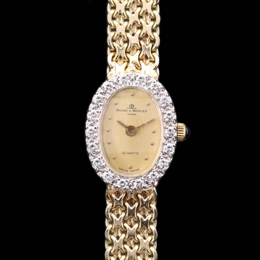 Vintage Baume & Mercier Diamond Bezel 14K Gold Quartz Wristwatch