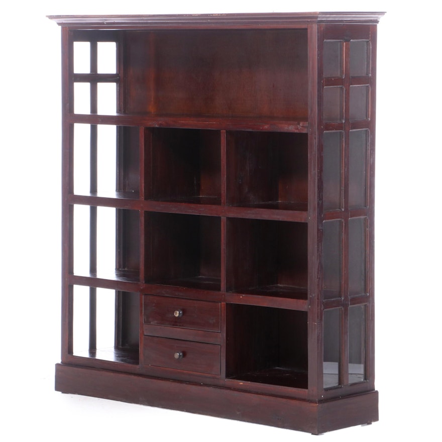 Stained Hardwood Four-Tier Bookcase with Two Drawers
