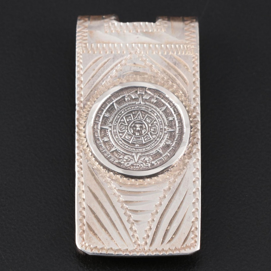 Mexican Sterling Silver Money Clip with Metal Aztec Medallion