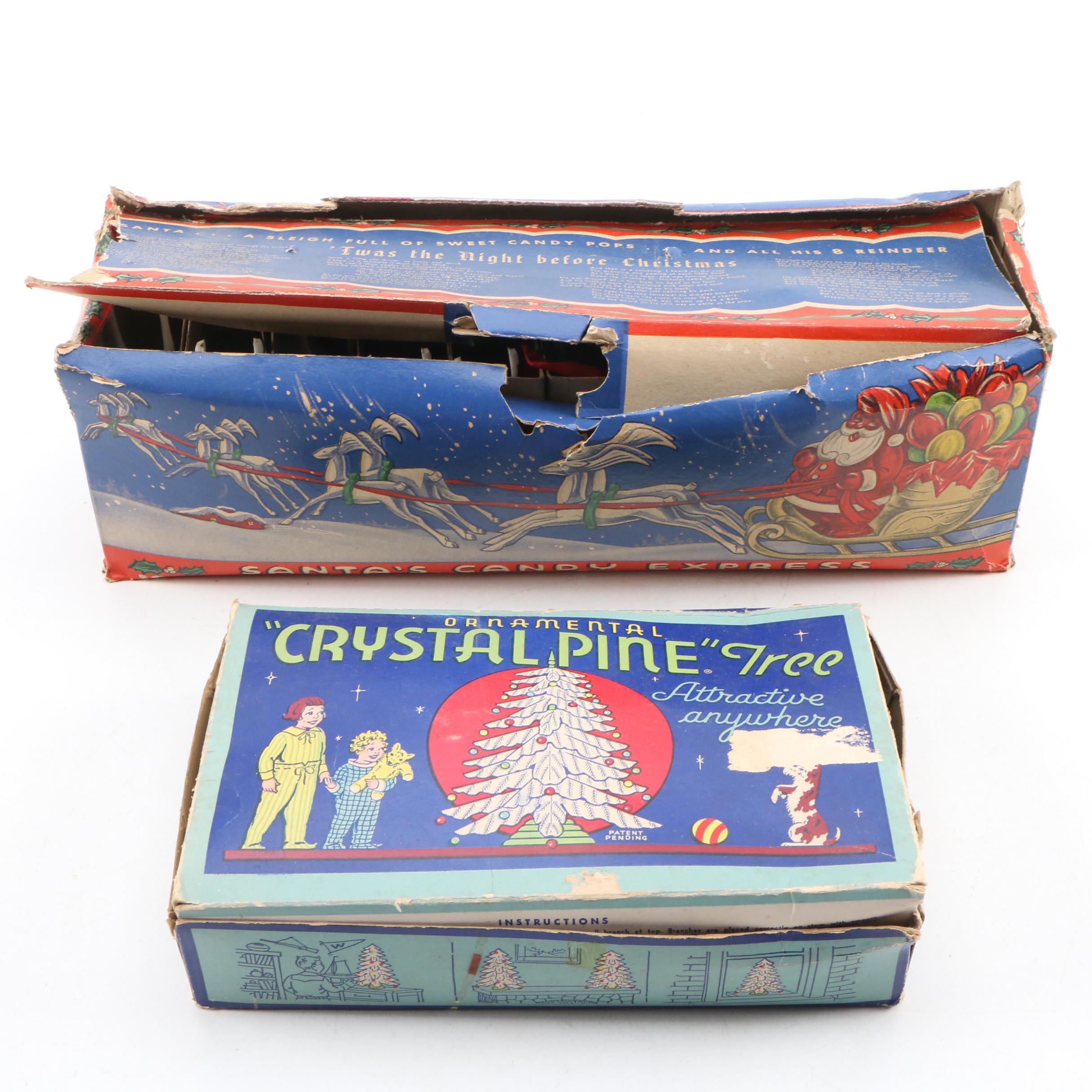 Vintage Schultz Crystal Pine Table Top Tree and Santa's Candy Express