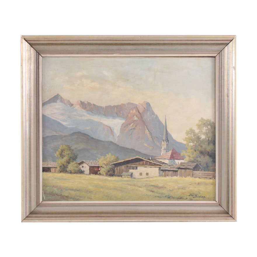 Joseph Bialas Mountainside Village Landscape Oil Painting, 20th Century