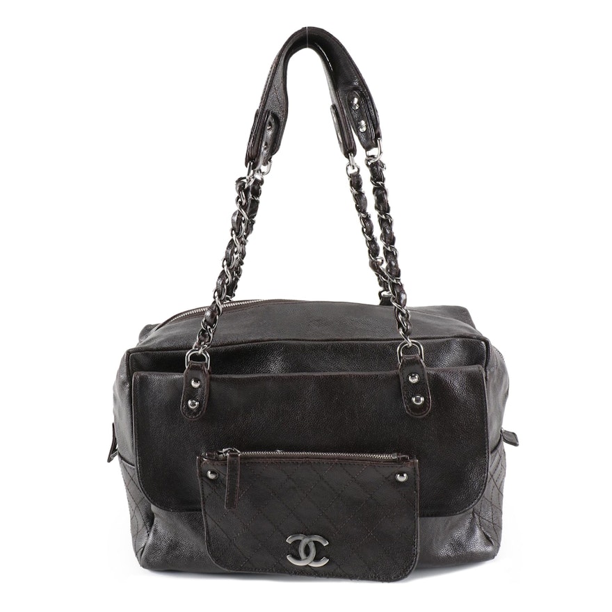 Chanel City Pocket Shoulder Bag in Black Glazed Caviar Leather