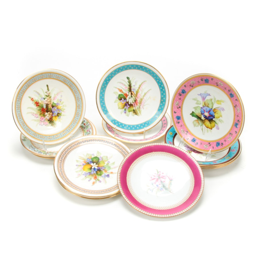 Royal Worcester Floral Plates with Gold Rim, Early to Mid 20th Century