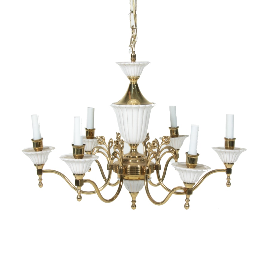 Porcelain and Brass Six-Light Chandelier