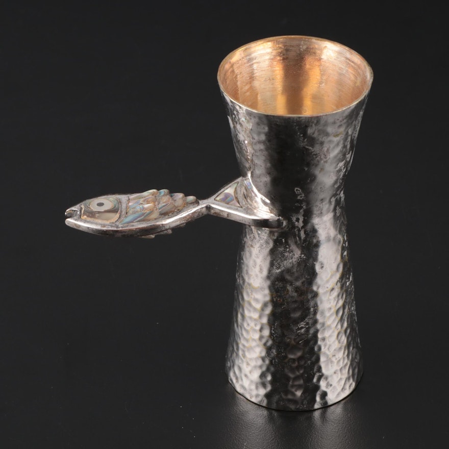 Los Castillo Hammered Silver Plate Double Jigger with Abalone Handle, 1939–1962