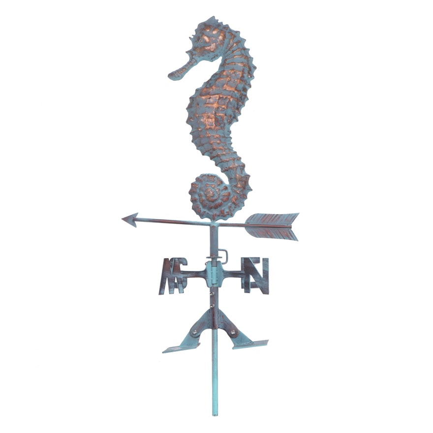 Handcrafted Metal Dimensional Seahorse Weathervane with Copper Patina Finish