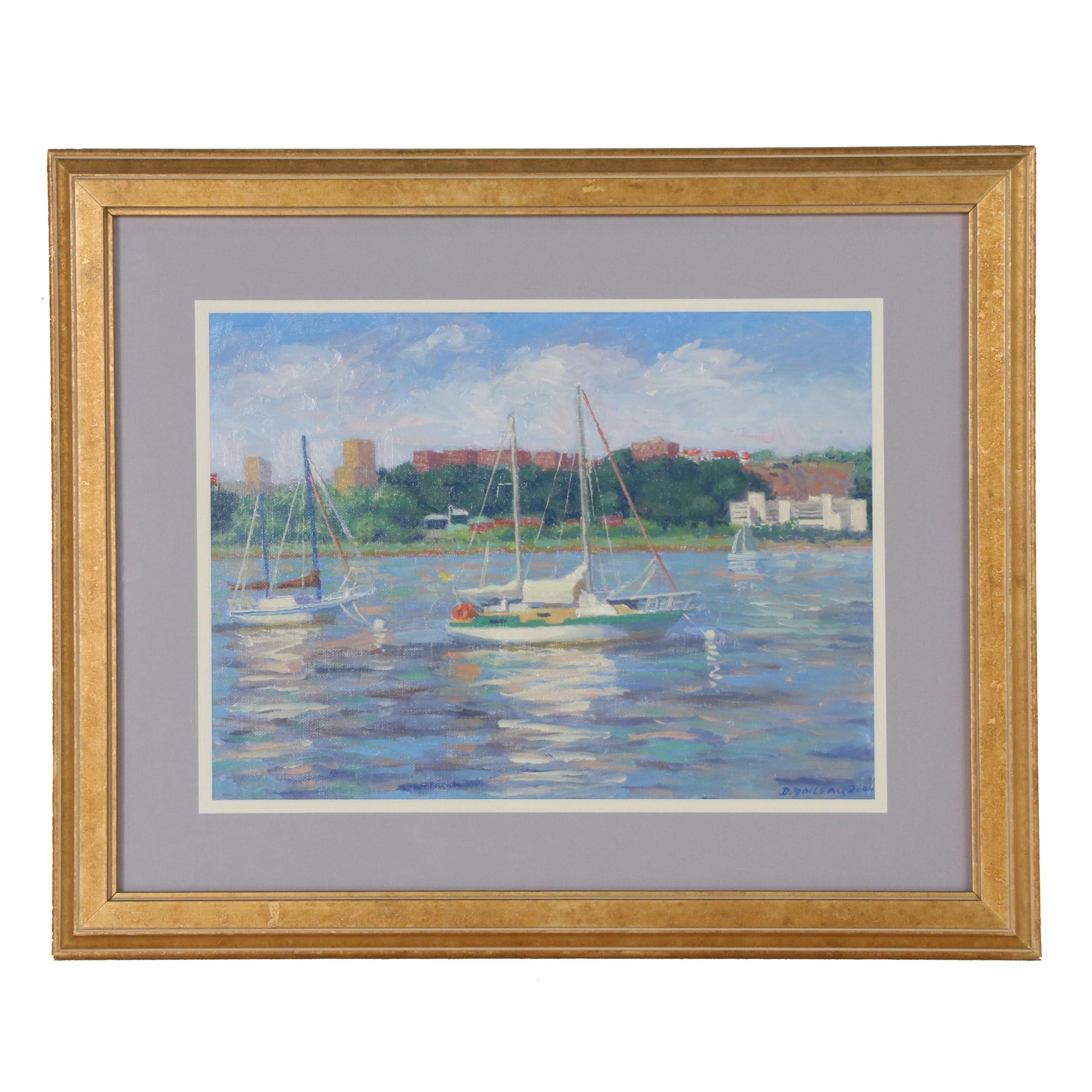 D. Boileau Oil Painting of Sailboats in Harbor