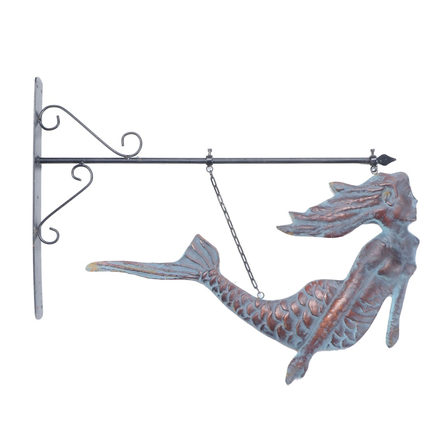 Decorative Patinated Copper Figural Mermaid Hanging Sign