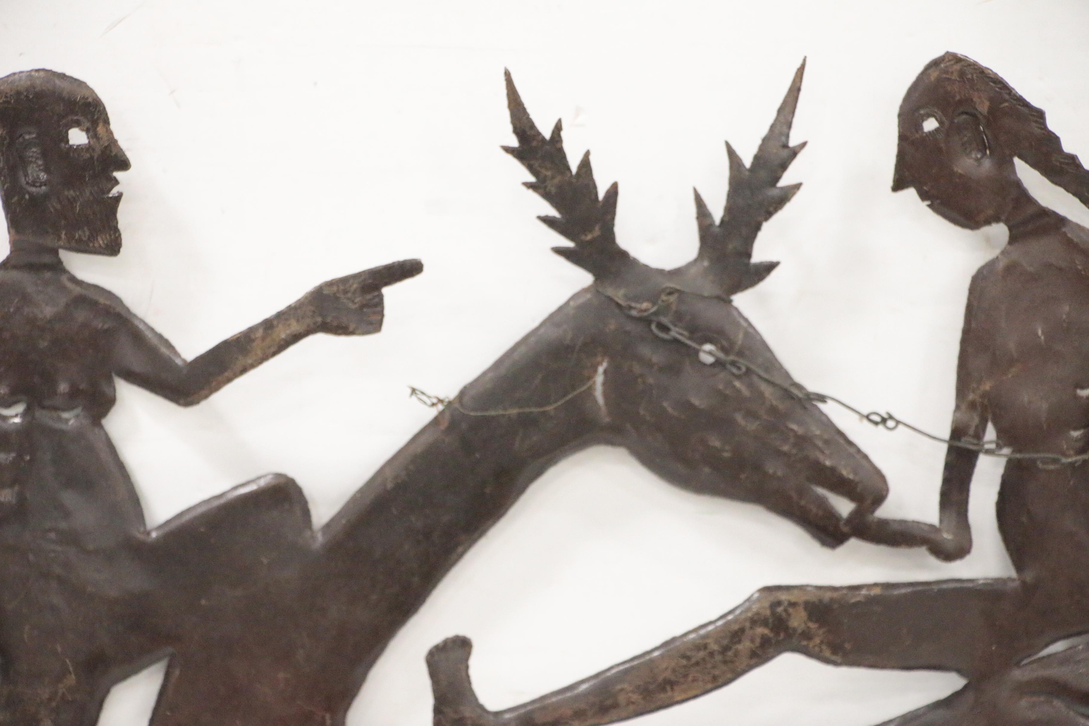 Gabriel Bien-Aime Metal Cut-Out Relief Sculpture of Figures with Deer and Bird