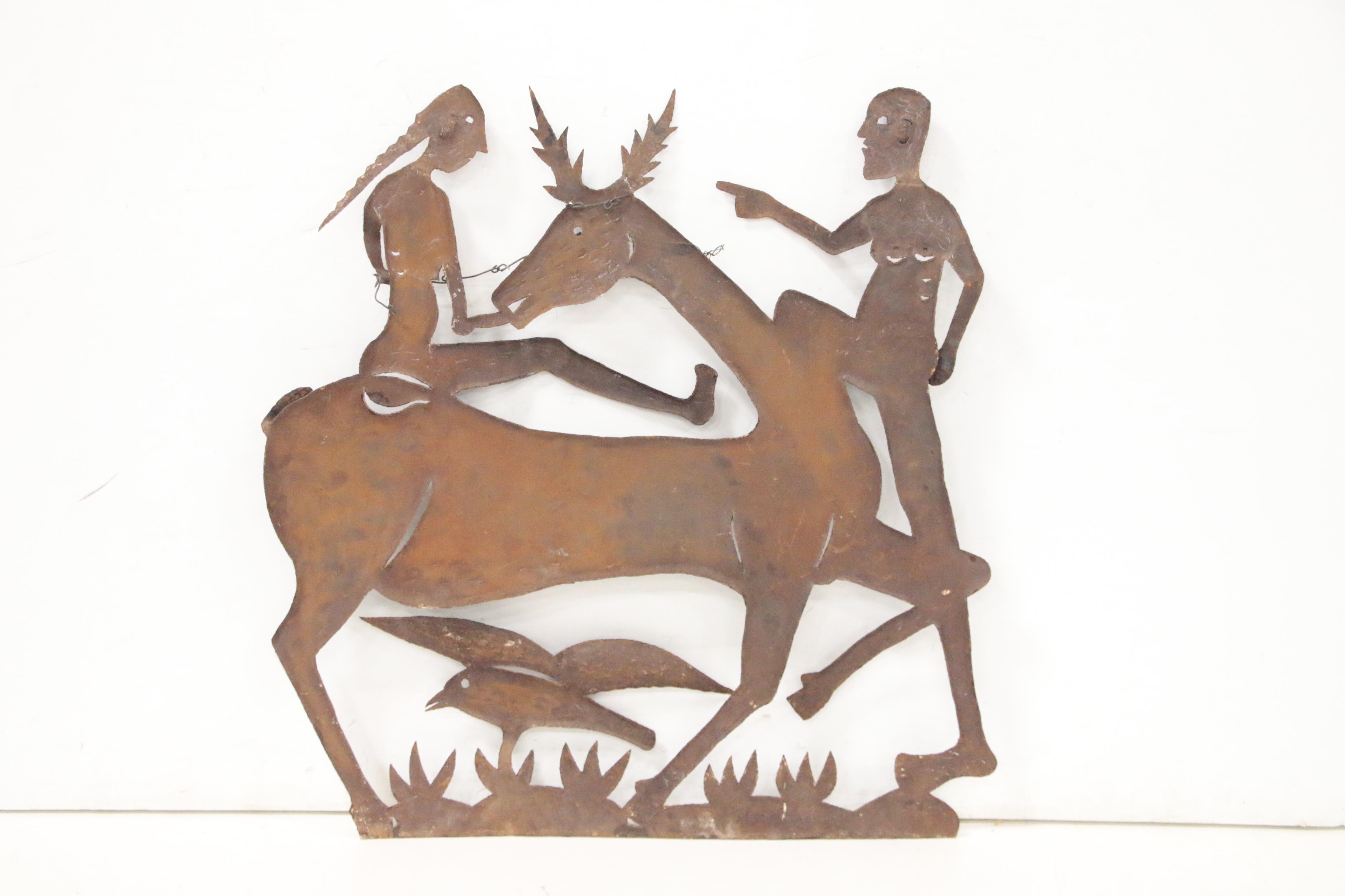 Gabriel Bien-Aime Metal Cut-Out Relief Sculpture of Figures with Deer and Bird