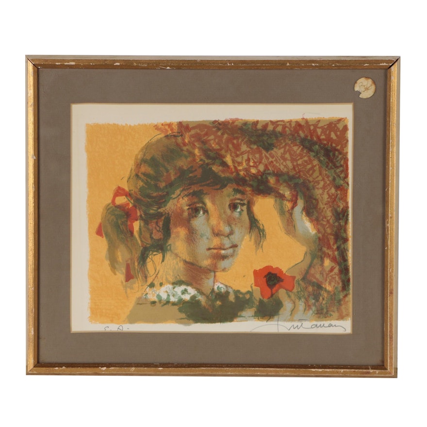 Lucien Fontanarosa Lithograph of Girl "Portrait"