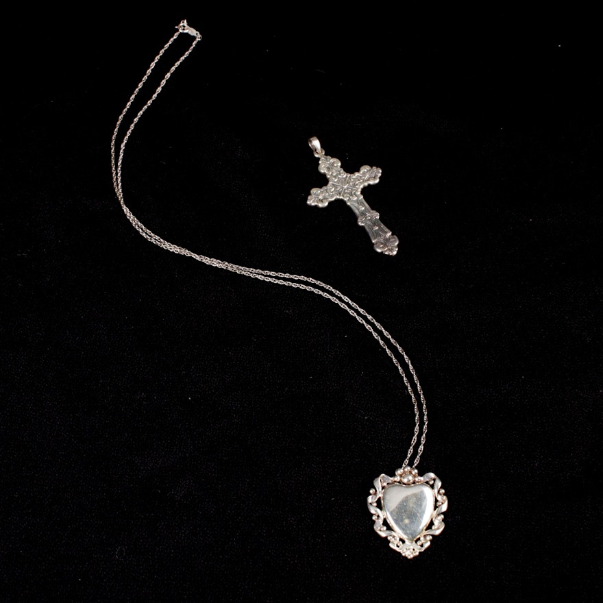 Sterling Silver Cross Pendant and Heart Pendant Necklace