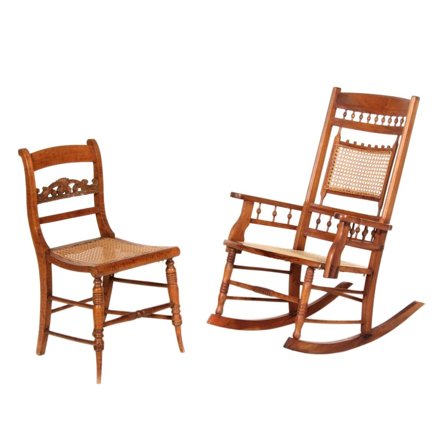 American Classical Tiger Maple Side Chair Plus Victorian Rocking Armchair