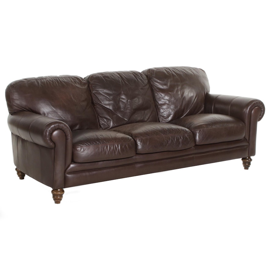 Contemporary Brown Leather Rolled-Arm Sofa