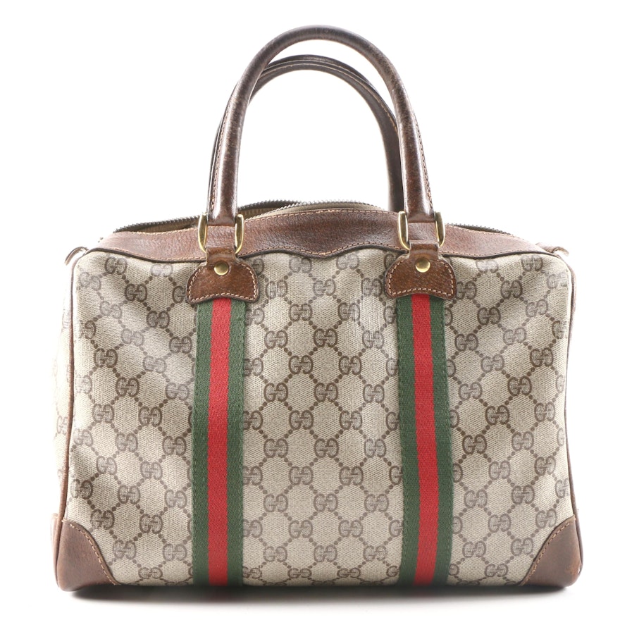 Gucci GG Supreme Canvas Web Stripe Boston Bag Trimmed in Leather, 1960s Vintage