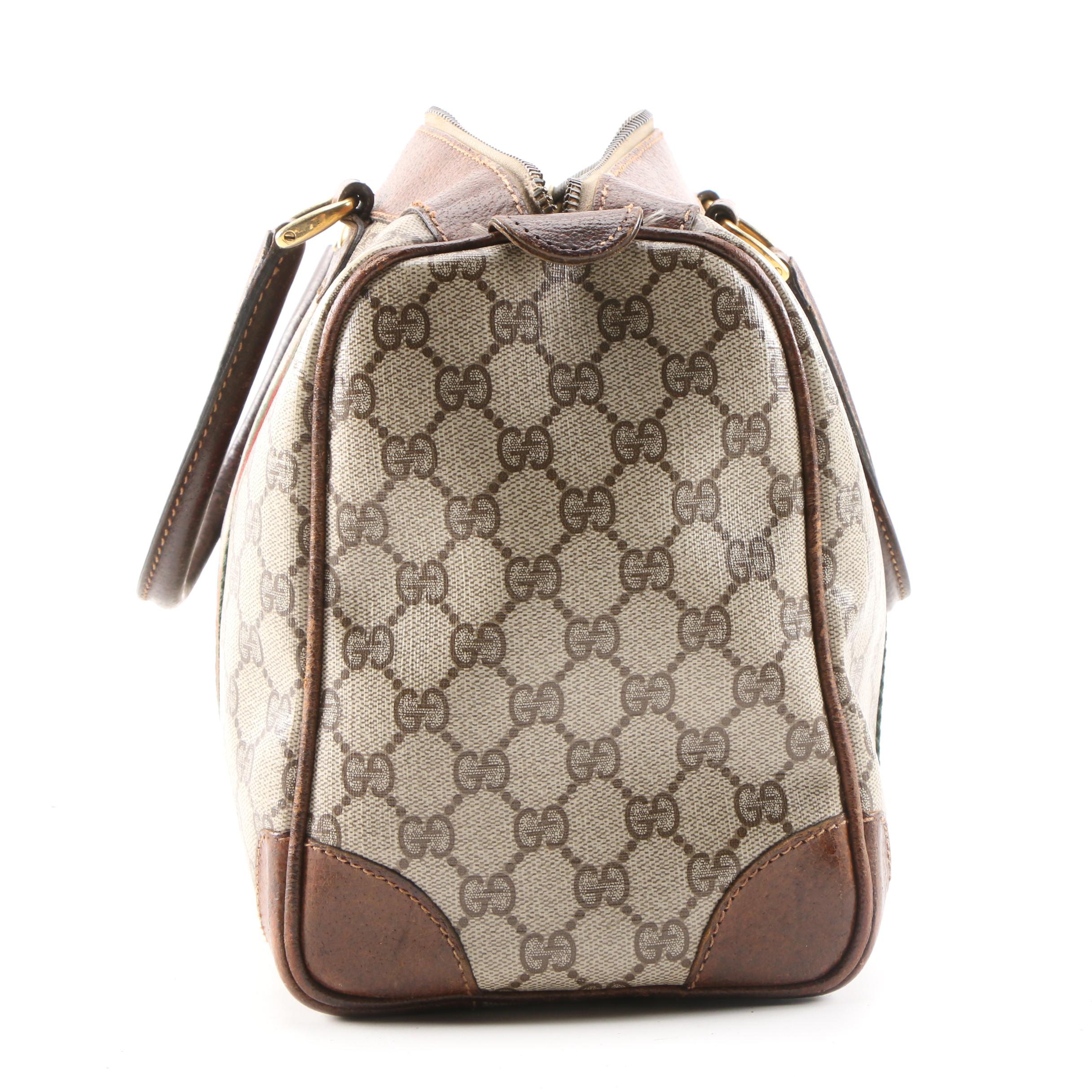 Gucci GG Supreme Canvas Web Stripe Boston Bag Trimmed in Leather, 1960s Vintage