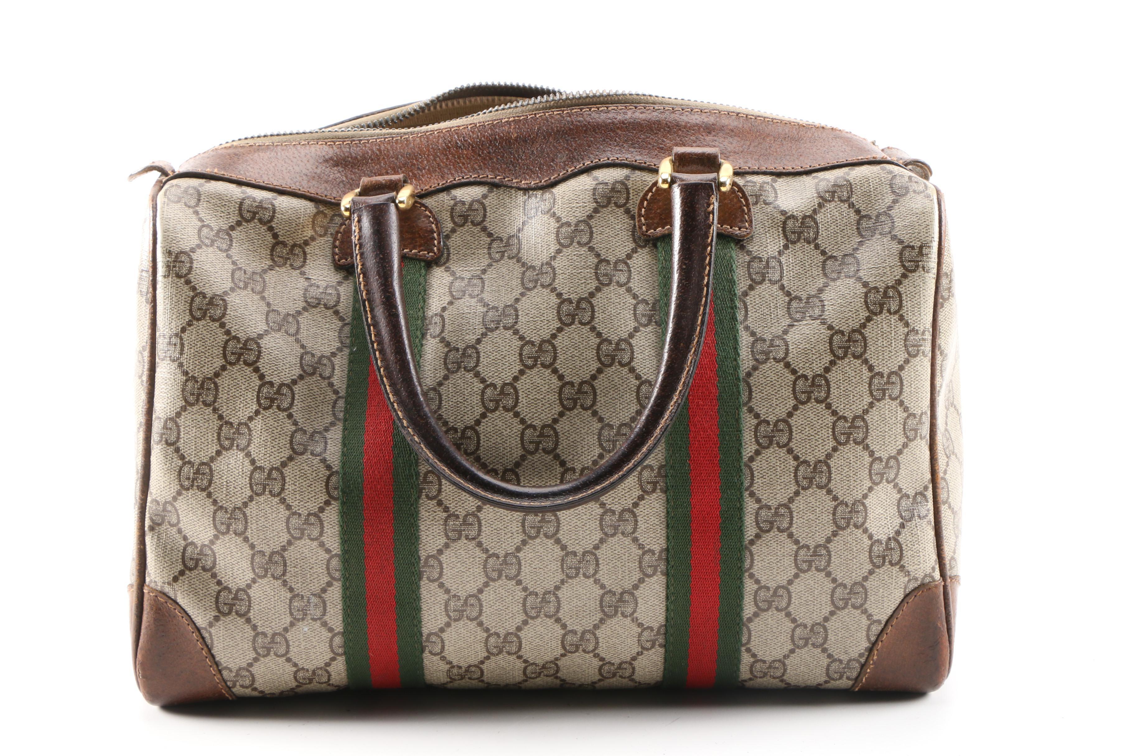 Gucci GG Supreme Canvas Web Stripe Boston Bag Trimmed in Leather, 1960s Vintage