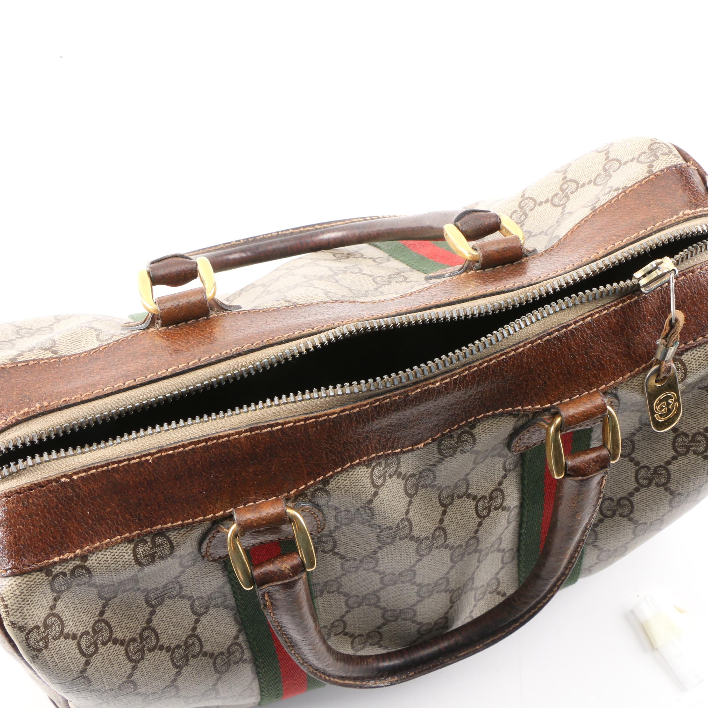 Gucci GG Supreme Canvas Web Stripe Boston Bag Trimmed in Leather, 1960s Vintage