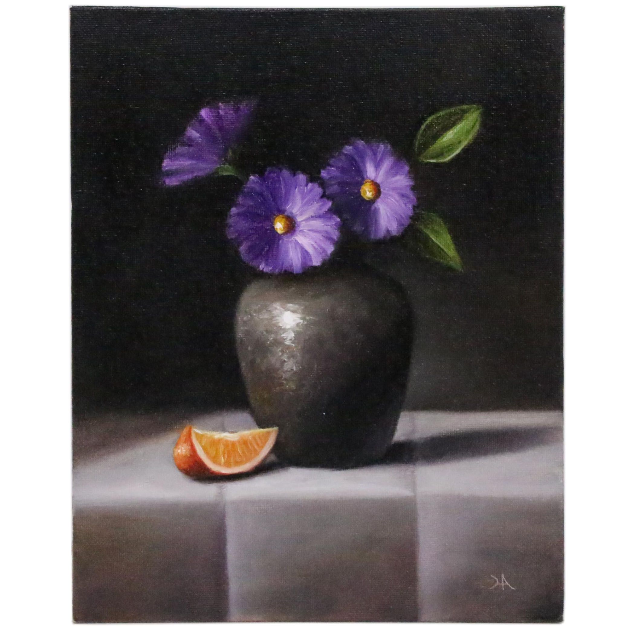 Houra H. Alghizzi Oil Painting"Purple Flowers in Black Vase"