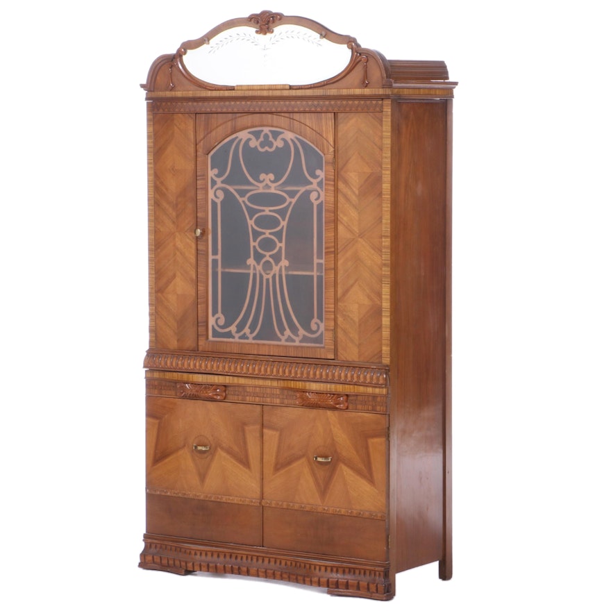 Art Deco Walnut Glass Front China Cabinet, Early 20th Century