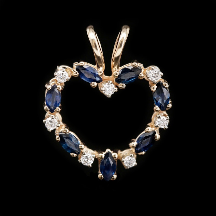 14K Yellow Gold Sapphire and Diamond Heart Pendant