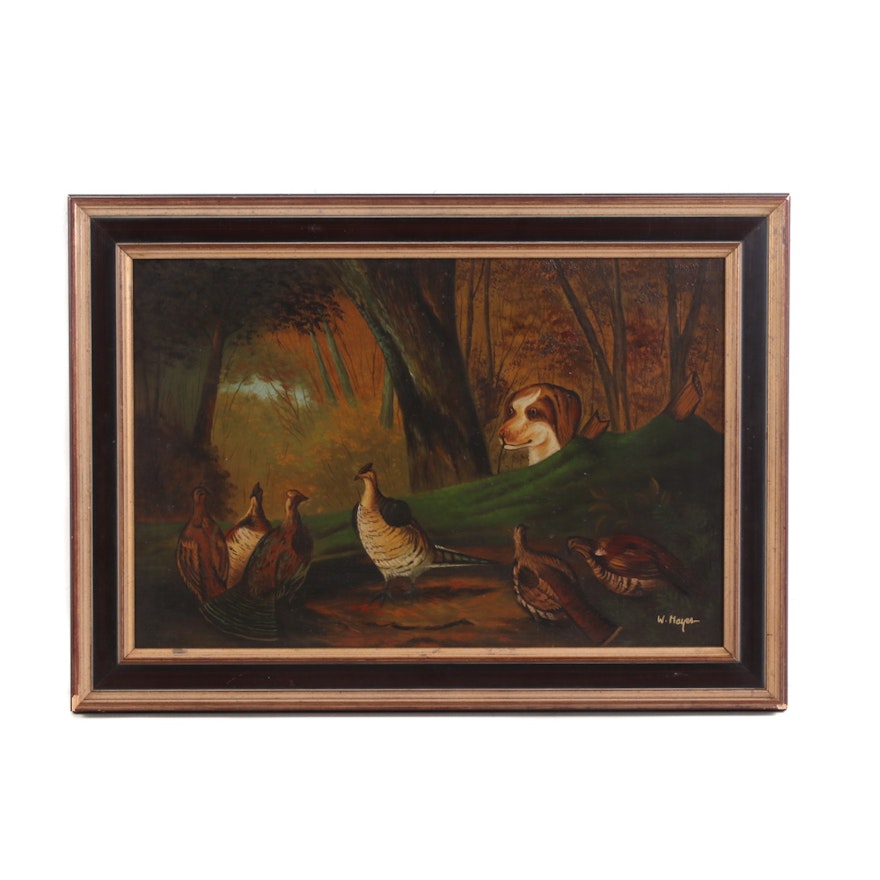 Oil Painting of a Hunting Dog with Quail