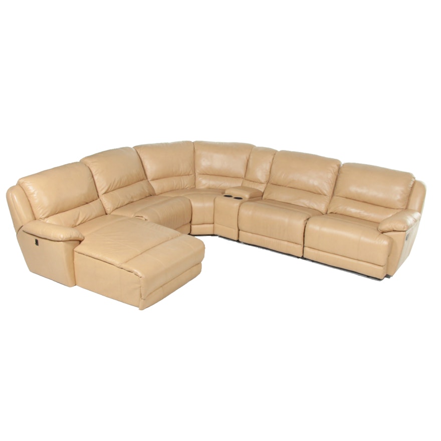 Tan Leather Six-Piece Reclining Sectional Sofa with Chaise