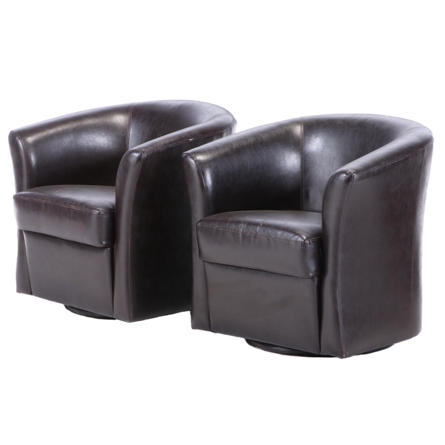 Pair of Pier 1 Imports Bonded Leather Swivel Tub Chairs